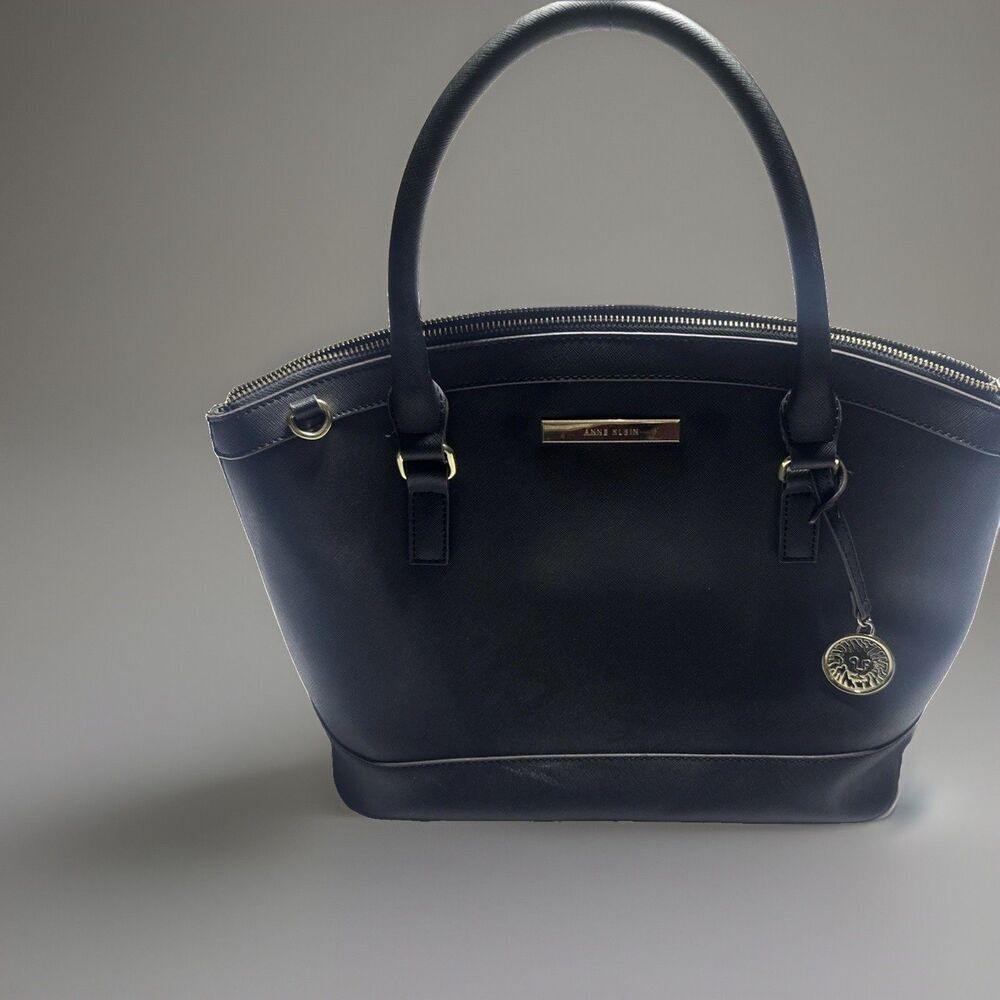 Anne Klein Black Satchel Top Handle Zip Gold Hardware Polka Dot Lined Charm